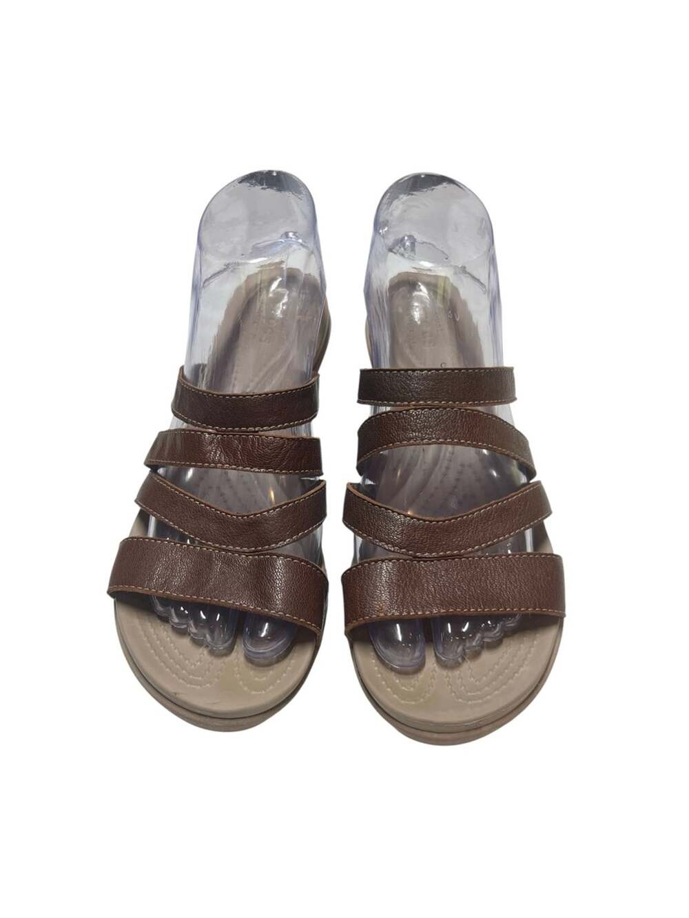 Crocs Leigh Ann Dual Comfort Sandal 8 Brown Leather Mini Wedge Strappy Slide